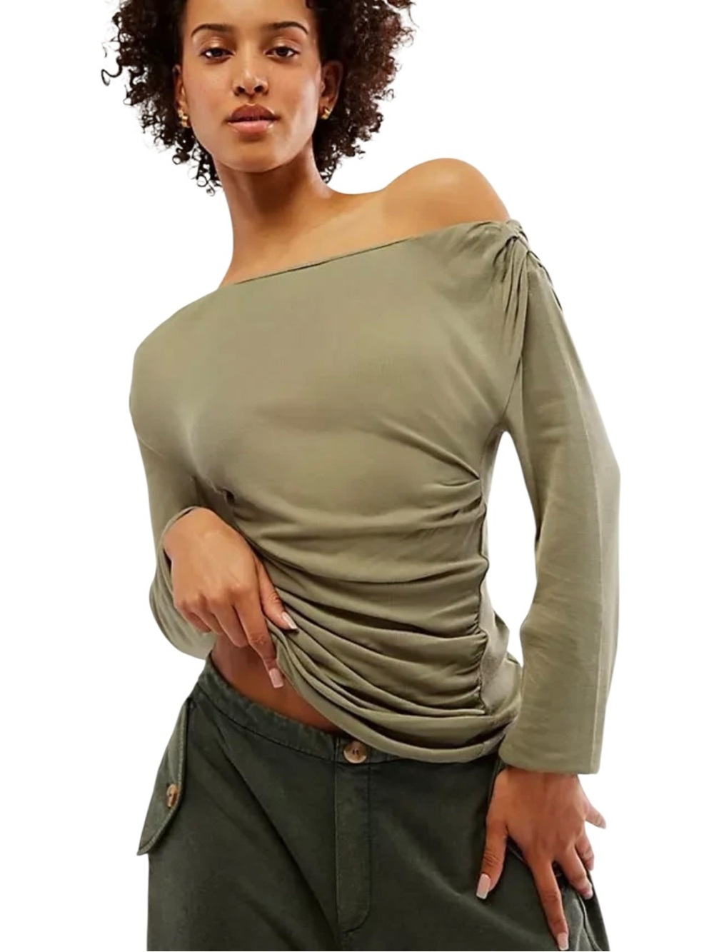 Free People “Night We Met” Off-Shoulder Ruched Long Sleeve Top Large